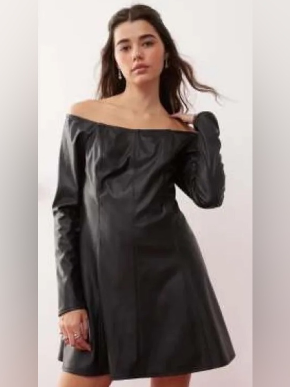 ASOS Miss Selfridge Black Off-Shoulder Long Sleeve Faux Leather Bardot Dress
